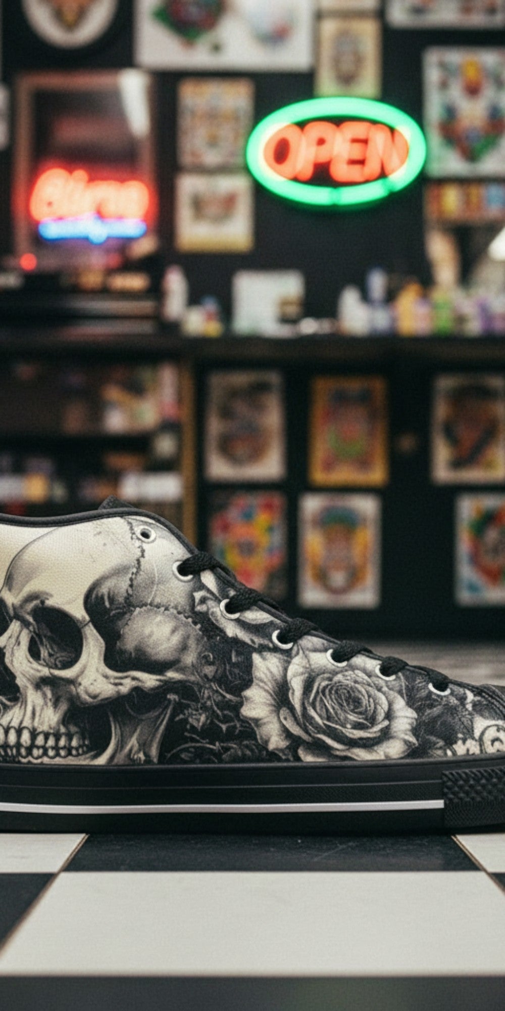 Men's Monochrome Gothic Skull Dark Art high-top canvas shoes — one-of-a-kind custom printed art, Freaky Shoes