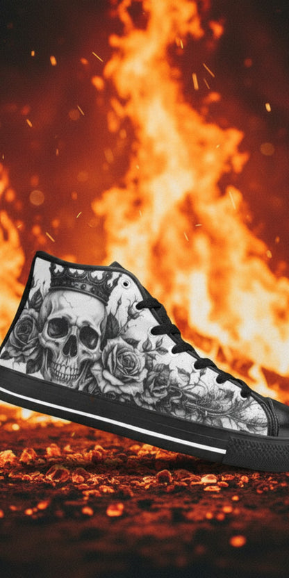 Custom Men's Skull Monochrome Gothic Dark Art high-top canvas shoes with bold all-over art — Freaky Shoes
