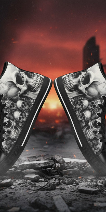 Men's Dark Gothic Moon Skull high-top canvas shoes — one-of-a-kind custom printed art, Freaky Shoes