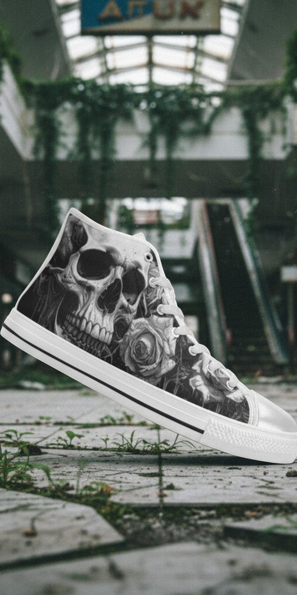 Freaky Shoes® men's gothic high top canvas sneakers featuring a grey and black skull and rose print in an urban setting