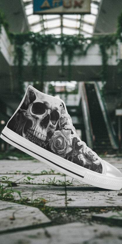 Freaky Shoes® men's gothic high top canvas sneakers featuring a grey and black skull and rose print in an urban setting