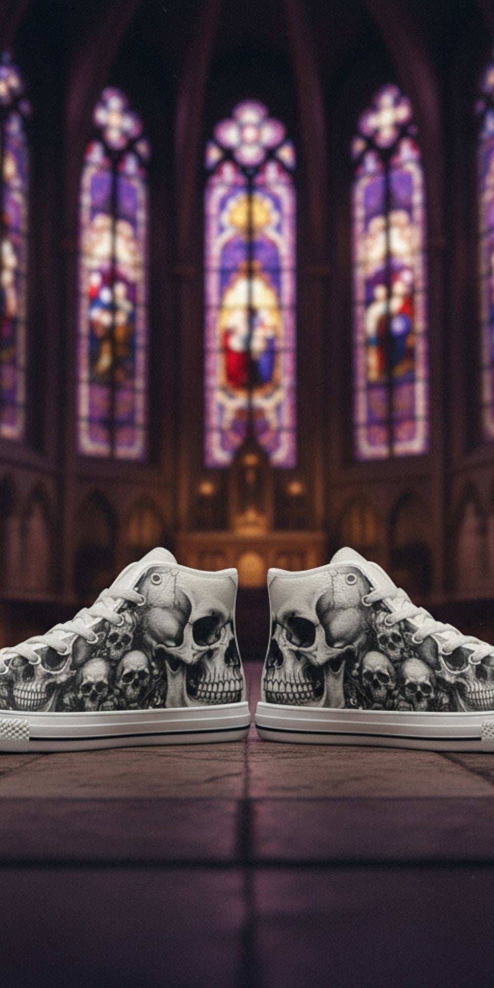 Women's Dark Skull Gothic Art high-top canvas shoes — one-of-a-kind custom printed art, Freaky Shoes