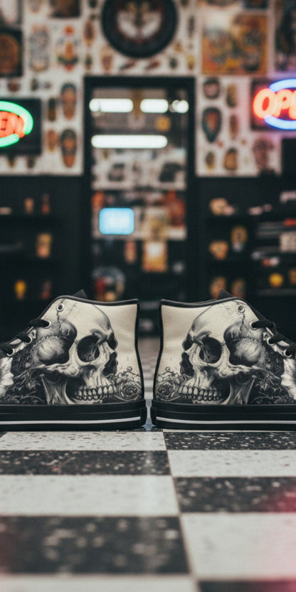 Men's Monochrome Gothic Skull Dark Art high-top canvas shoes, custom full-wrap printed design — Freaky Shoes
