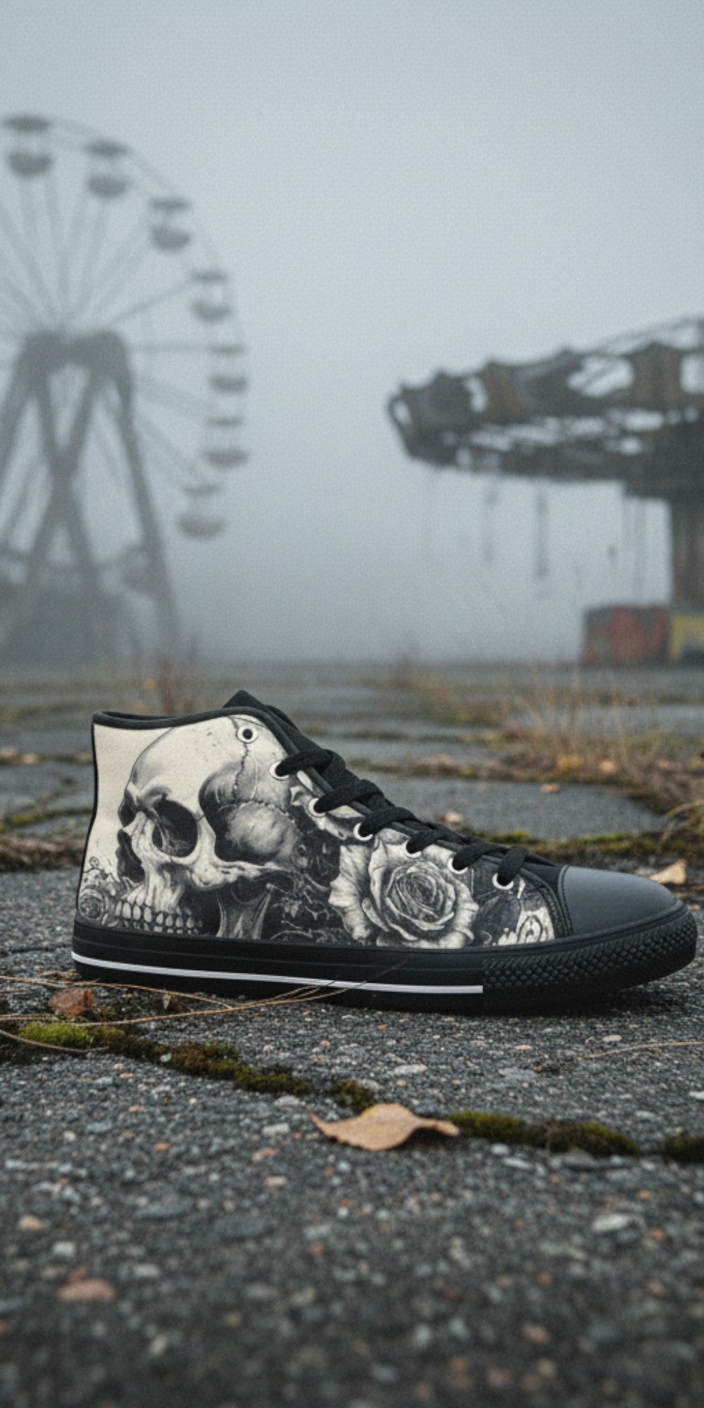 Women's Grey Skull Greyscale Gothic high-top canvas shoes — one-of-a-kind custom printed art, Freaky Shoes