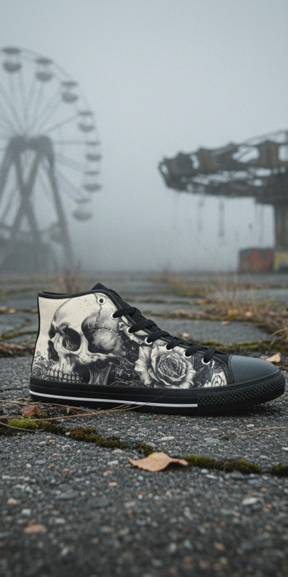 Women's Grey Skull Greyscale Gothic high-top canvas shoes — one-of-a-kind custom printed art, Freaky Shoes