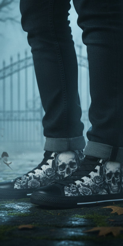Freaky Shoes® high top canvas sneakers featuring a gothic skull and rose print in a moody, misty cemetery setting.