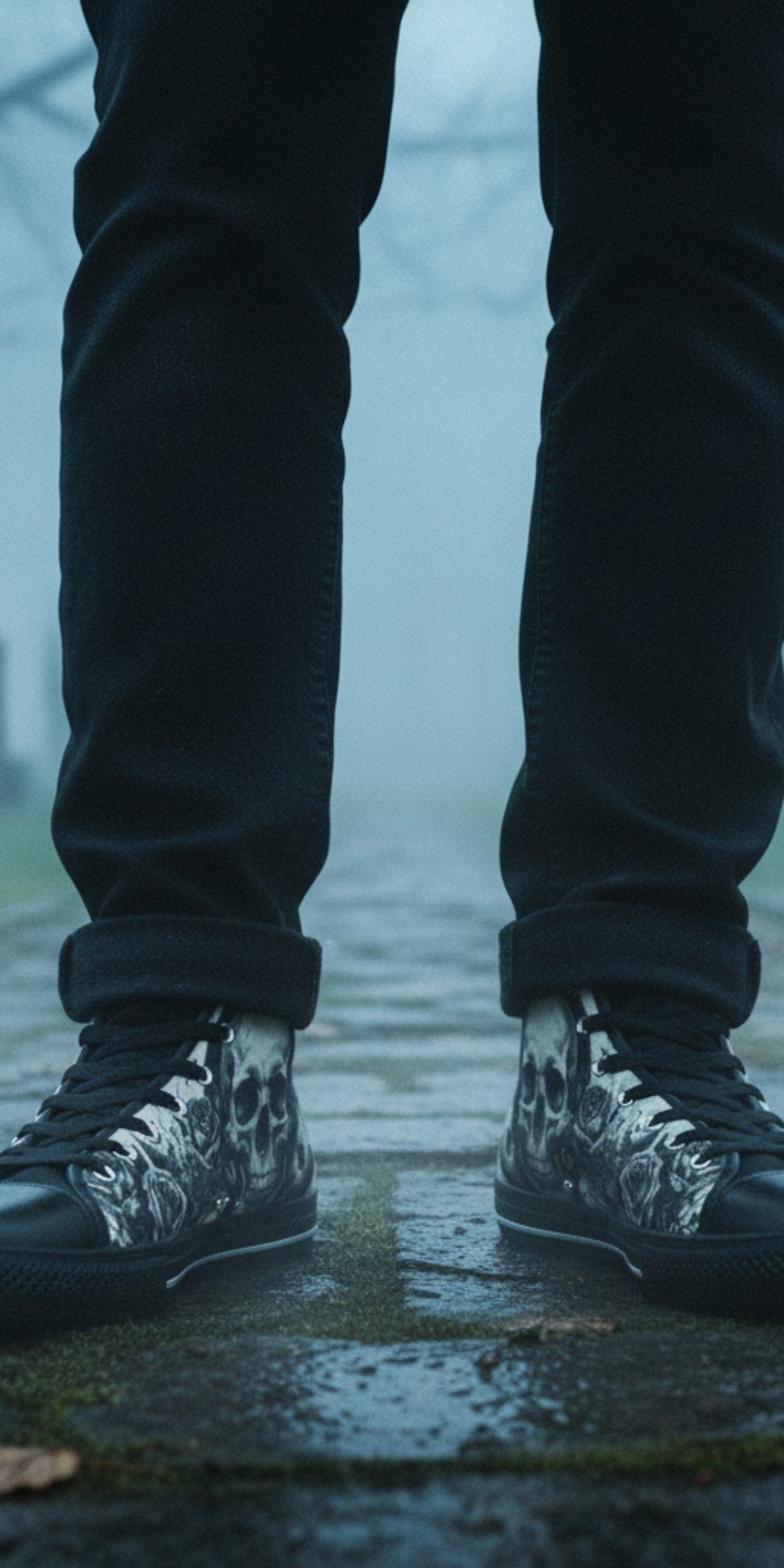 Freaky Shoes® grey skull moon gothic high top canvas sneakers worn on a foggy path in a cemetery.