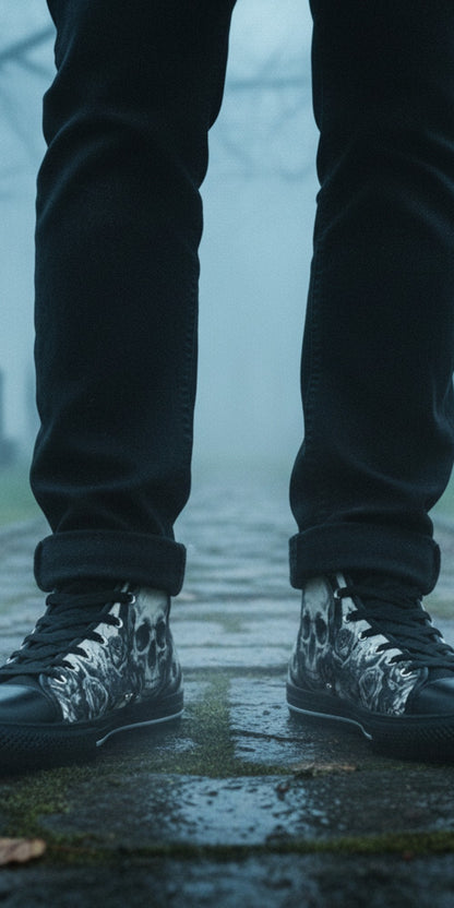 Freaky Shoes® grey skull moon gothic high top canvas sneakers worn on a foggy path in a cemetery.