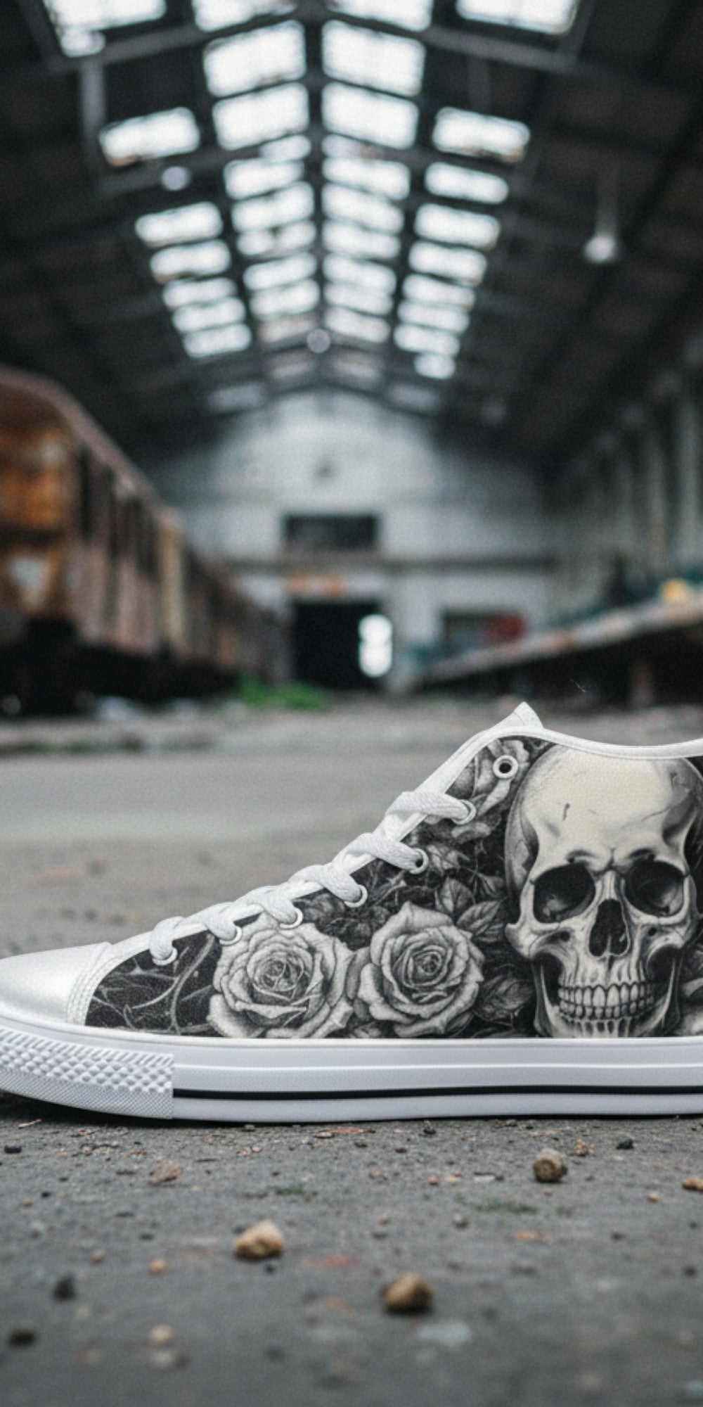 Women's Gothic Skull Dark Art custom high-top canvas shoes — wearable art by Freaky Shoes