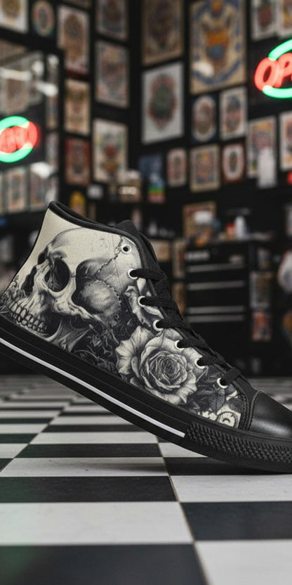 Custom Men's Monochrome Gothic Skull Dark Art high-top canvas shoes with bold all-over art — Freaky Shoes