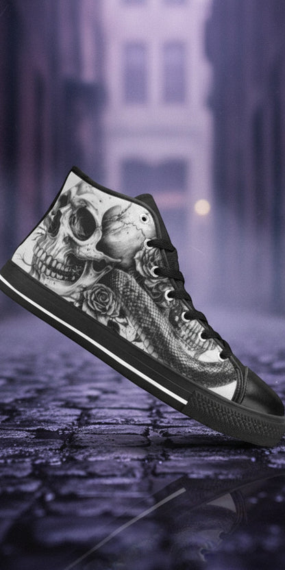 Women's Monochrome Skull Gothic Art custom high-top canvas shoes — wearable art by Freaky Shoes