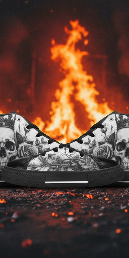 Men's Skull Monochrome Gothic Dark Art hand-made high-top canvas shoes — unique wearable art by Freaky Shoes