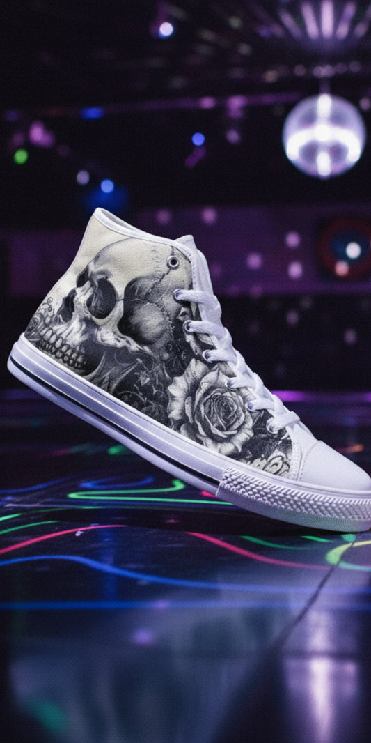 Freaky Shoes® Gothic skull and rose print high top canvas sneakers with white rubber sole in a neon dance club.