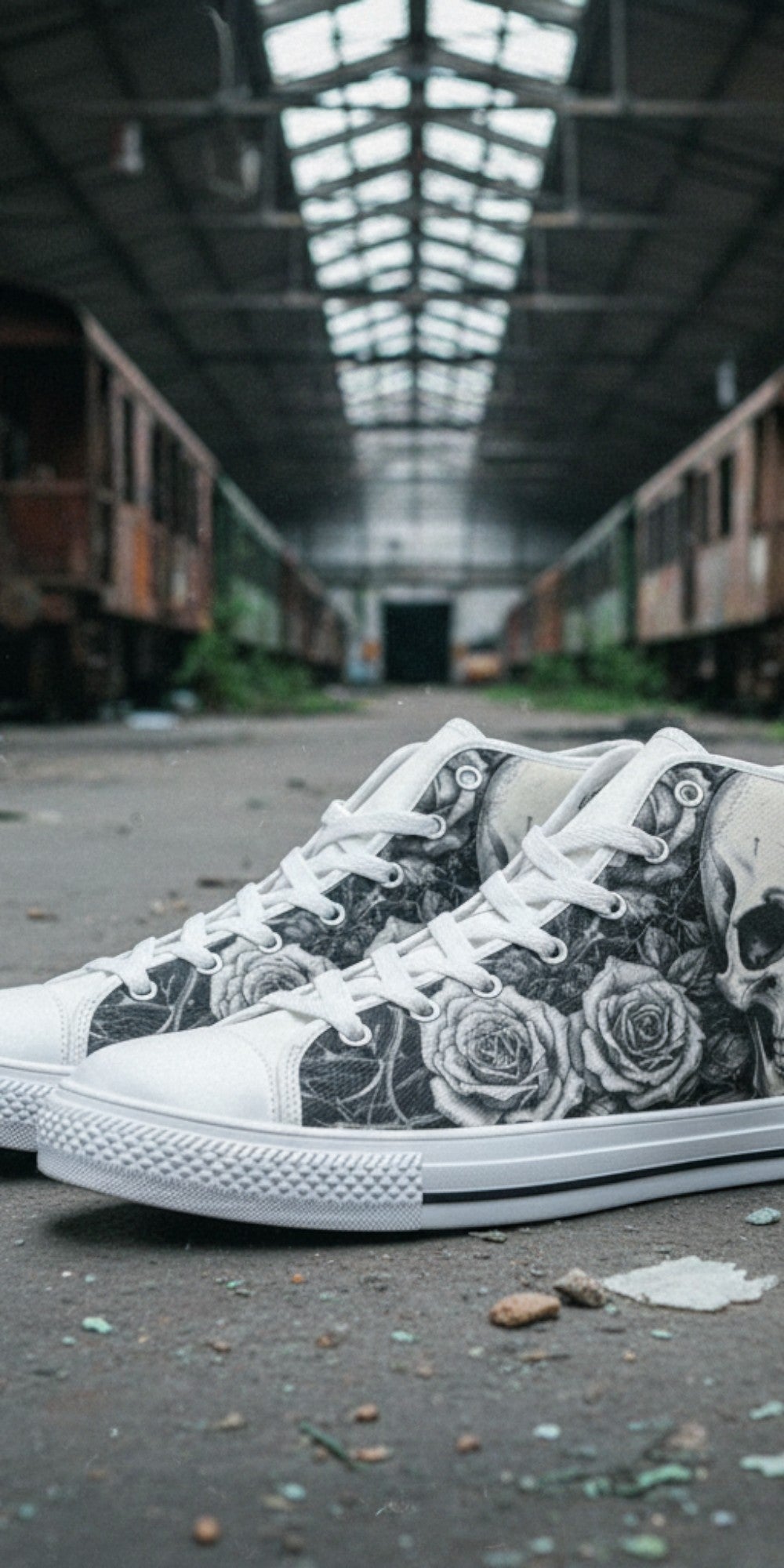 Women's Gothic Skull Dark Art high-top canvas shoes — one-of-a-kind custom printed art, Freaky Shoes