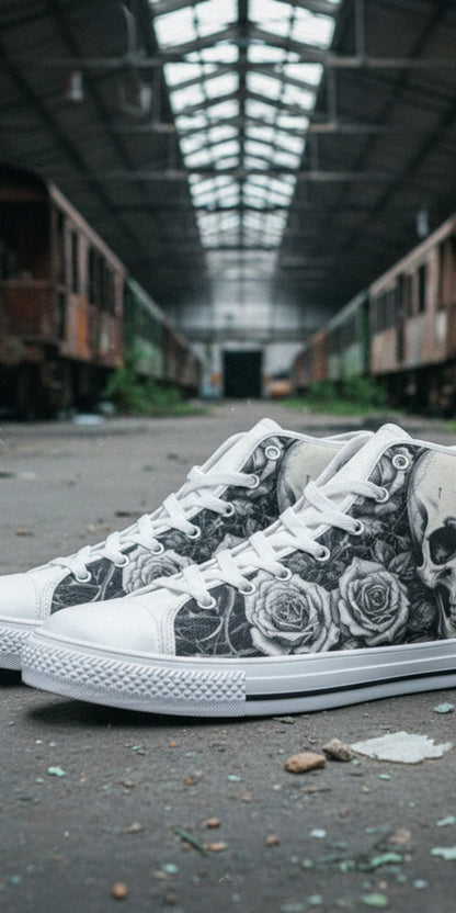 Women's Gothic Skull Dark Art high-top canvas shoes — one-of-a-kind custom printed art, Freaky Shoes