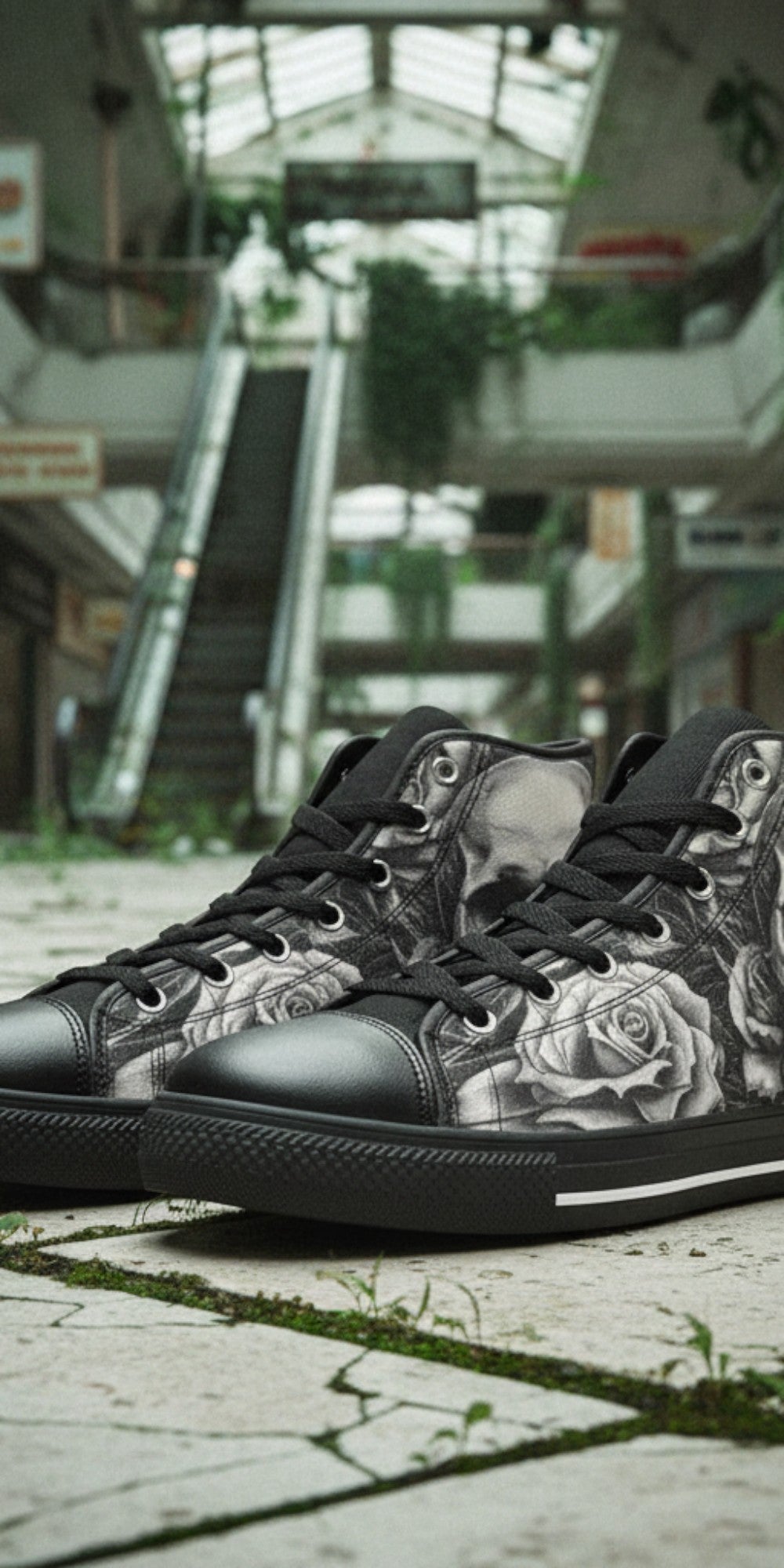 Men's Grey Skull & Wings Dark Gothic high-top canvas shoes, custom full-wrap printed design — Freaky Shoes