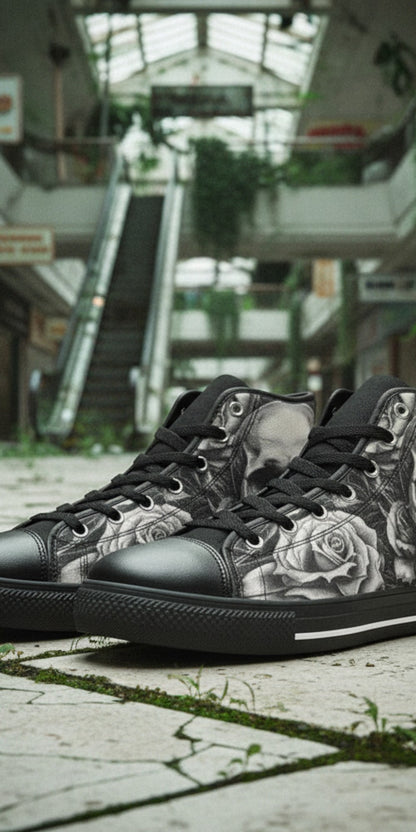 Men's Grey Skull & Wings Dark Gothic high-top canvas shoes, custom full-wrap printed design — Freaky Shoes