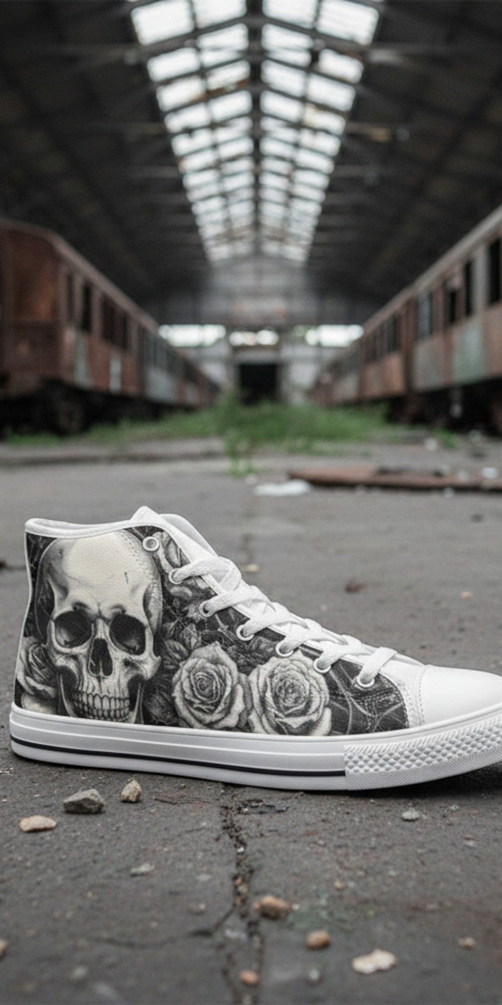 Women's Gothic Skull Dark Art high-top canvas shoes — one-of-a-kind custom printed art, Freaky Shoes