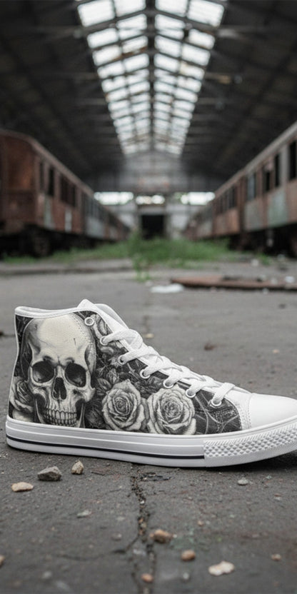 Women's Gothic Skull Dark Art high-top canvas shoes — one-of-a-kind custom printed art, Freaky Shoes