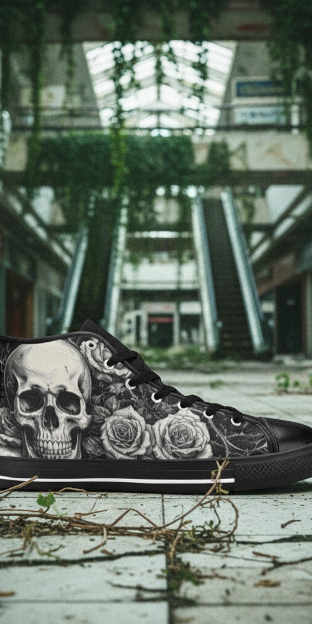 Custom Men's Grey Skull & Wings Dark Gothic high-top canvas shoes with bold all-over art — Freaky Shoes