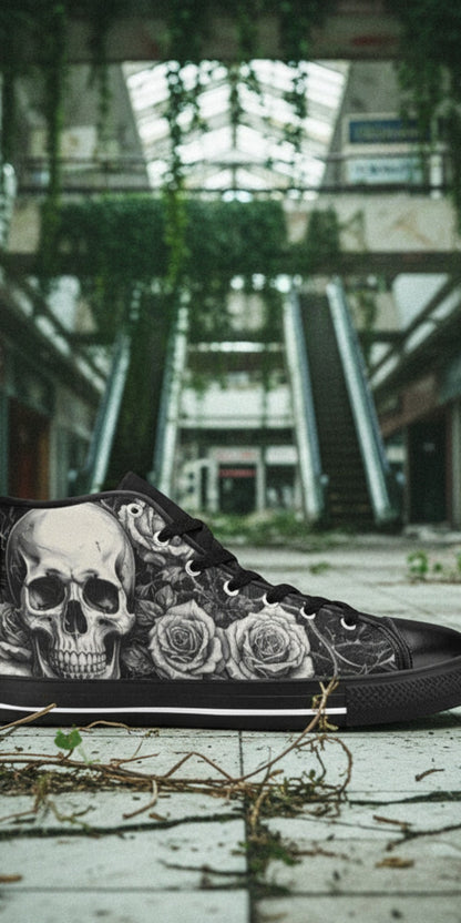Custom Men's Grey Skull & Wings Dark Gothic high-top canvas shoes with bold all-over art — Freaky Shoes