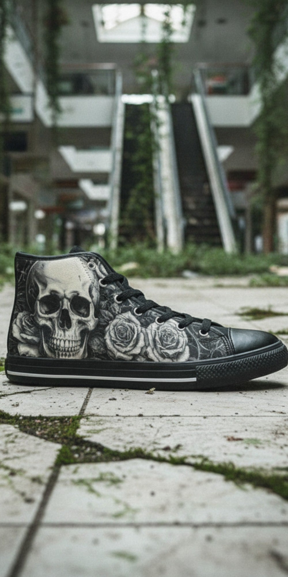 Men's Grey Skull & Wings Dark Gothic custom high-top canvas shoes — wearable art by Freaky Shoes