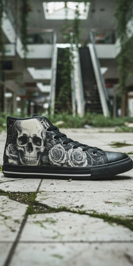 Freaky Shoes® women's high top canvas sneakers featuring a grey skull and rose gothic print in an abandoned mall.