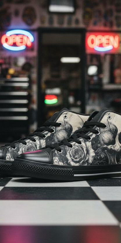 Custom Men's Monochrome Gothic Skull Dark Art high-top canvas shoes with bold all-over art — Freaky Shoes