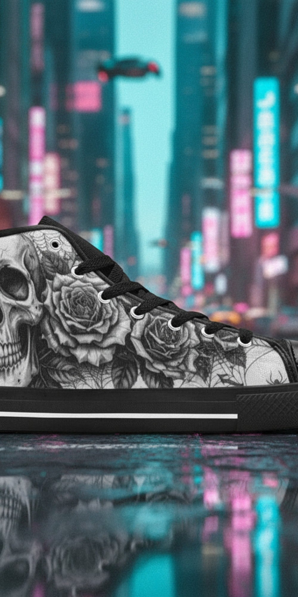 Women's Dark Art Gothic Skull high-top canvas shoes — one-of-a-kind custom printed art, Freaky Shoes