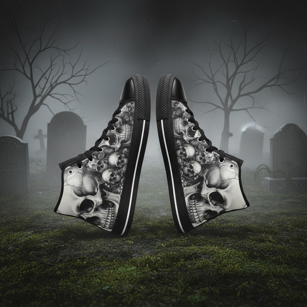 Women's Dark Rose Grey Skull Gothic custom high-top canvas shoes — wearable art by Freaky Shoes