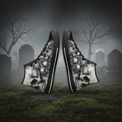 Women's Dark Rose Grey Skull Gothic custom high-top canvas shoes — wearable art by Freaky Shoes
