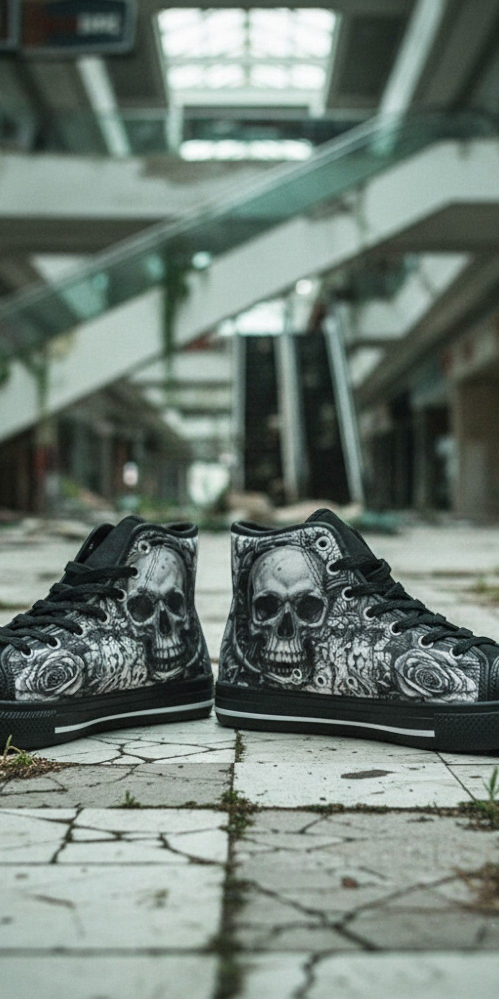 Women's Dark Gothic Skull custom high-top canvas shoes — wearable art by Freaky Shoes