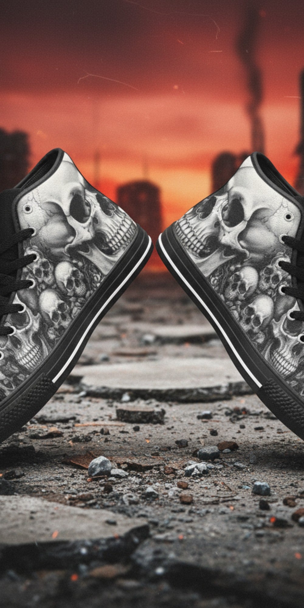 Custom Men's Dark Gothic Moon Skull high-top canvas shoes with bold all-over art — Freaky Shoes