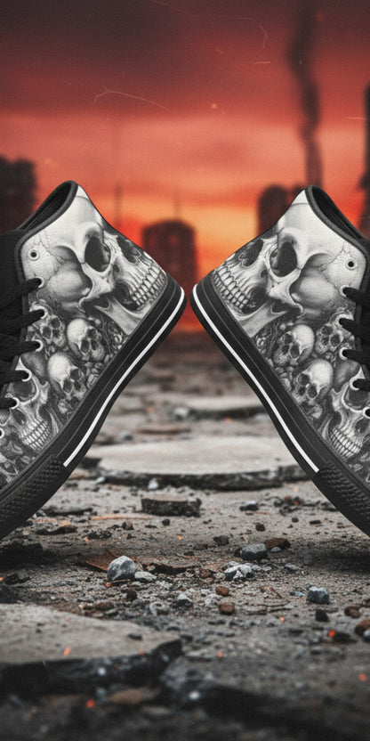 Custom Men's Dark Gothic Moon Skull high-top canvas shoes with bold all-over art — Freaky Shoes