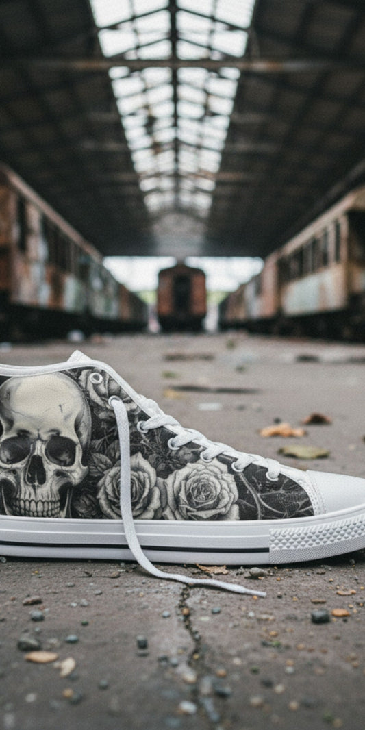 Freaky Shoes® high top canvas sneakers featuring a black and white gothic skull and rose print in an industrial depot