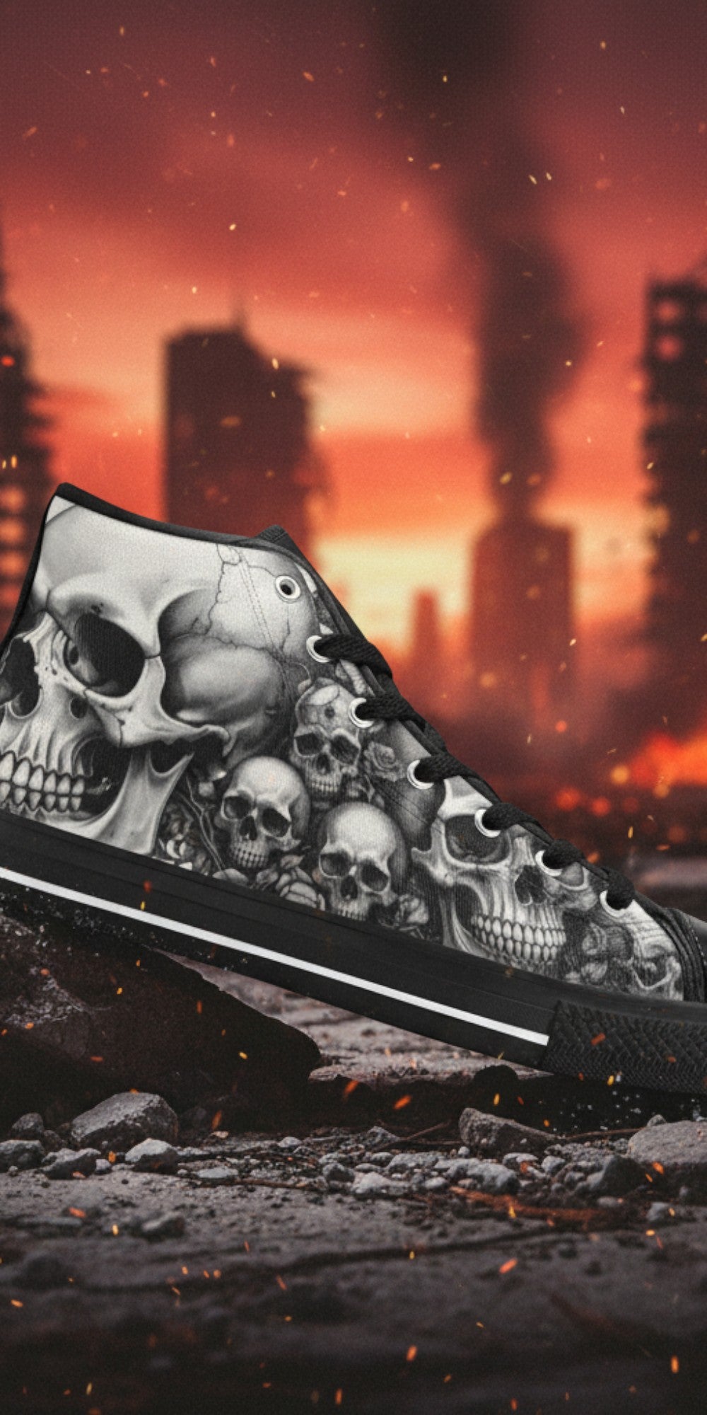 Men's Dark Gothic Moon Skull hand-made high-top canvas shoes — unique wearable art by Freaky Shoes