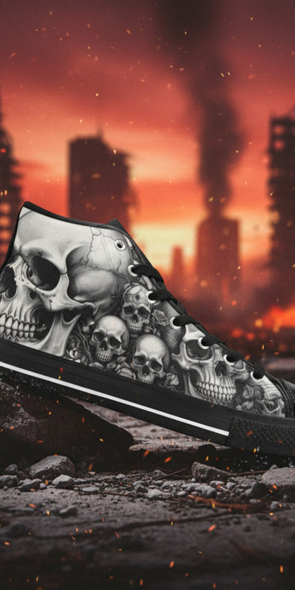 Men's Dark Gothic Moon Skull hand-made high-top canvas shoes — unique wearable art by Freaky Shoes