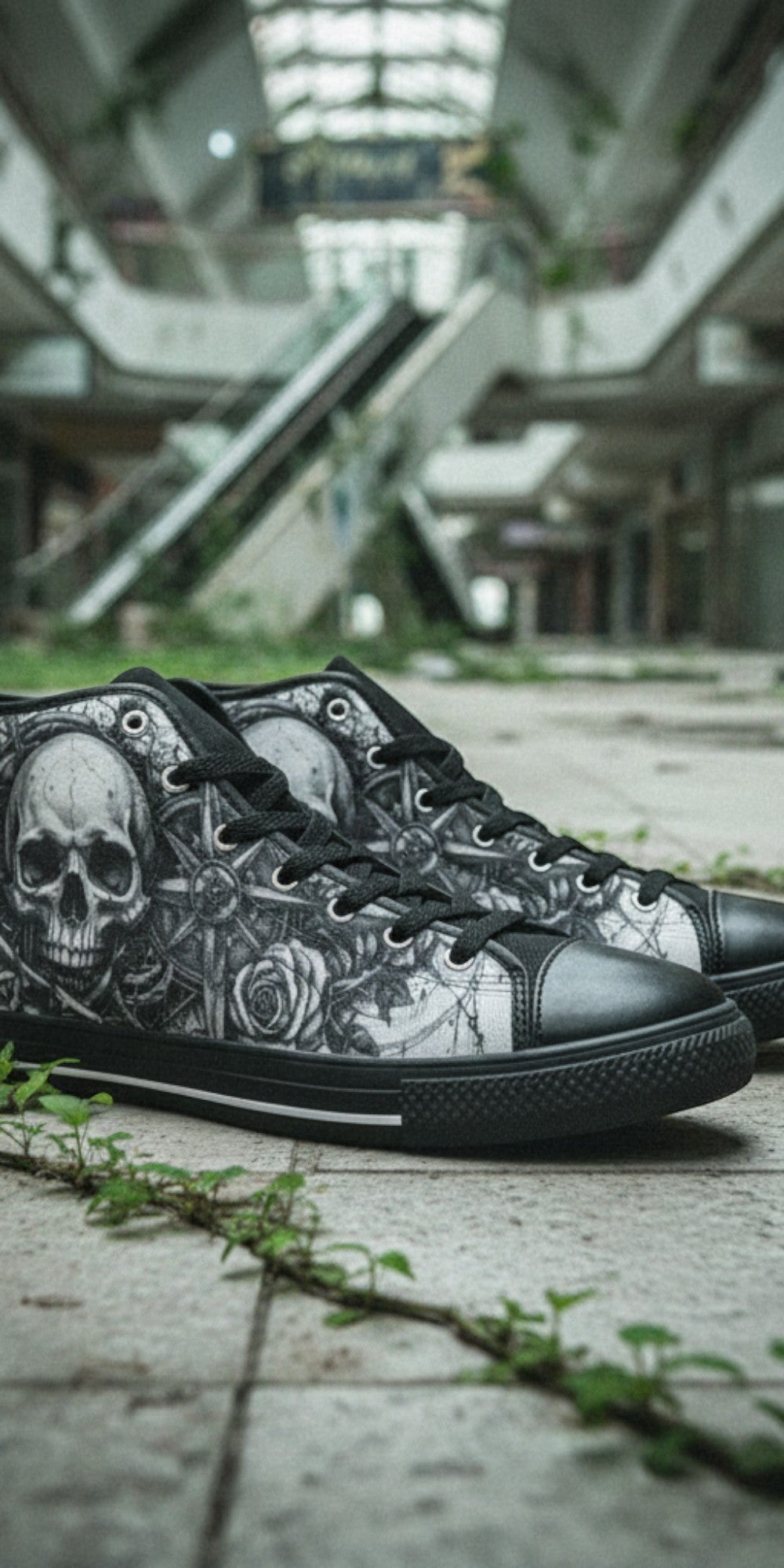 Women's Dark Gothic Skull high-top canvas shoes, custom full-wrap printed design — Freaky Shoes