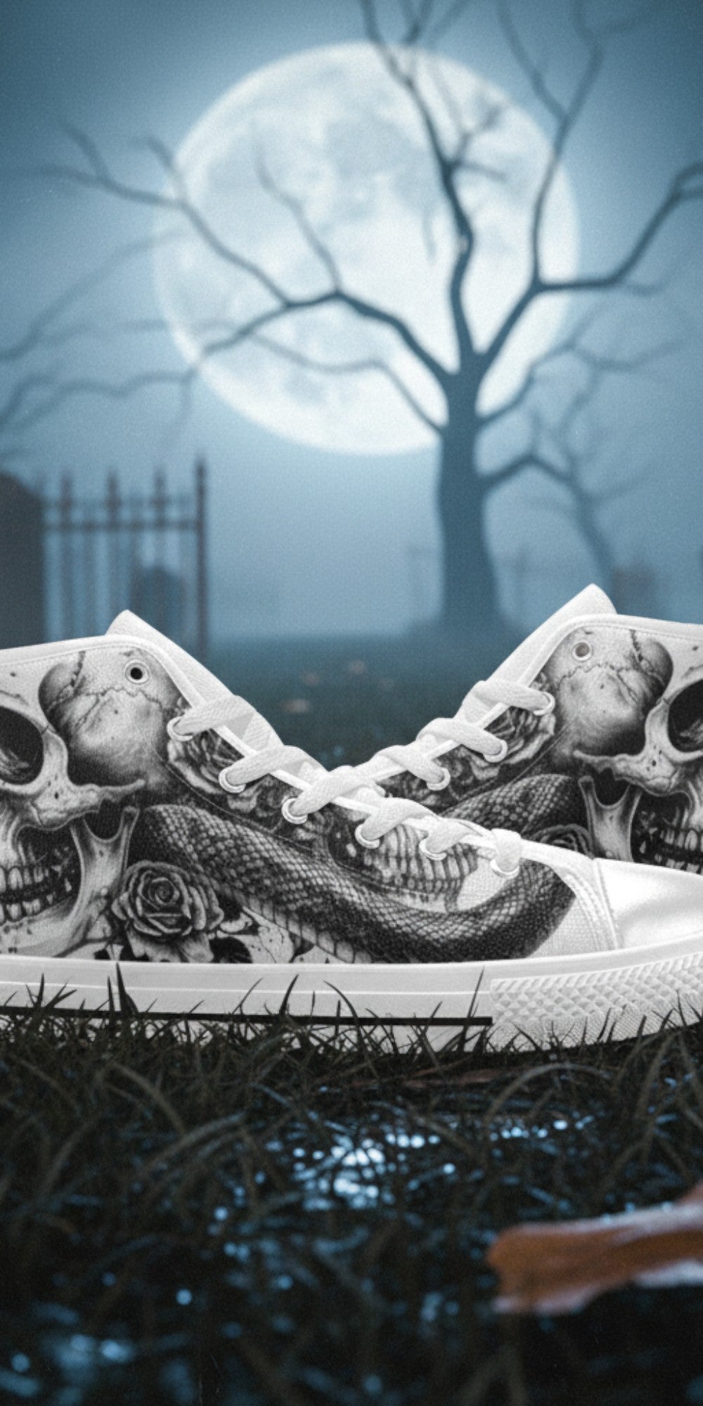 Women's Skull Gothic Dark Art high-top canvas shoes, custom full-wrap printed design — Freaky Shoes