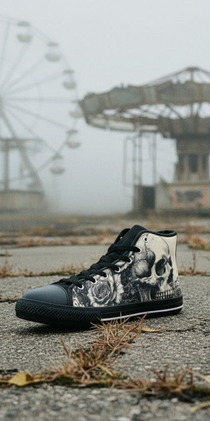 Custom Women's Grey Skull Greyscale Gothic high-top canvas shoes with bold all-over art — Freaky Shoes