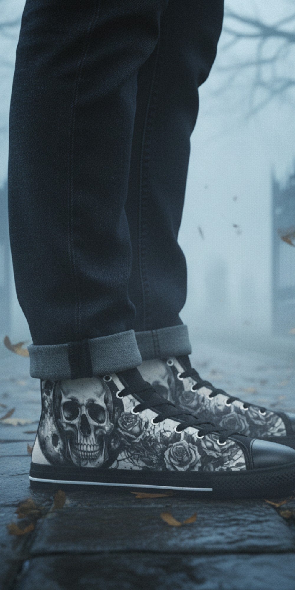 Freaky Shoes® gothic high top canvas sneakers featuring a grey skull and rose print with black laces and rubber soles.