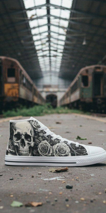 Custom Women's Gothic Skull Dark Art high-top canvas shoes with bold all-over art — Freaky Shoes