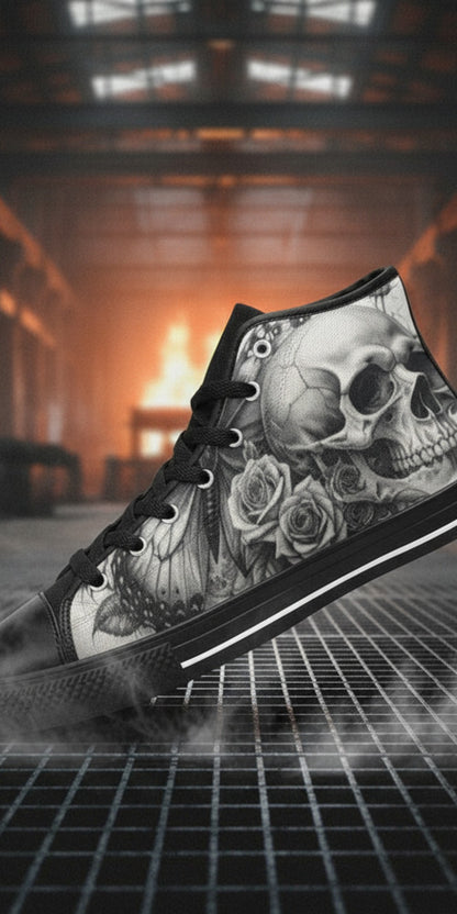Men's Gothic Moon Skull Dark Art high-top canvas shoes, custom full-wrap printed design — Freaky Shoes