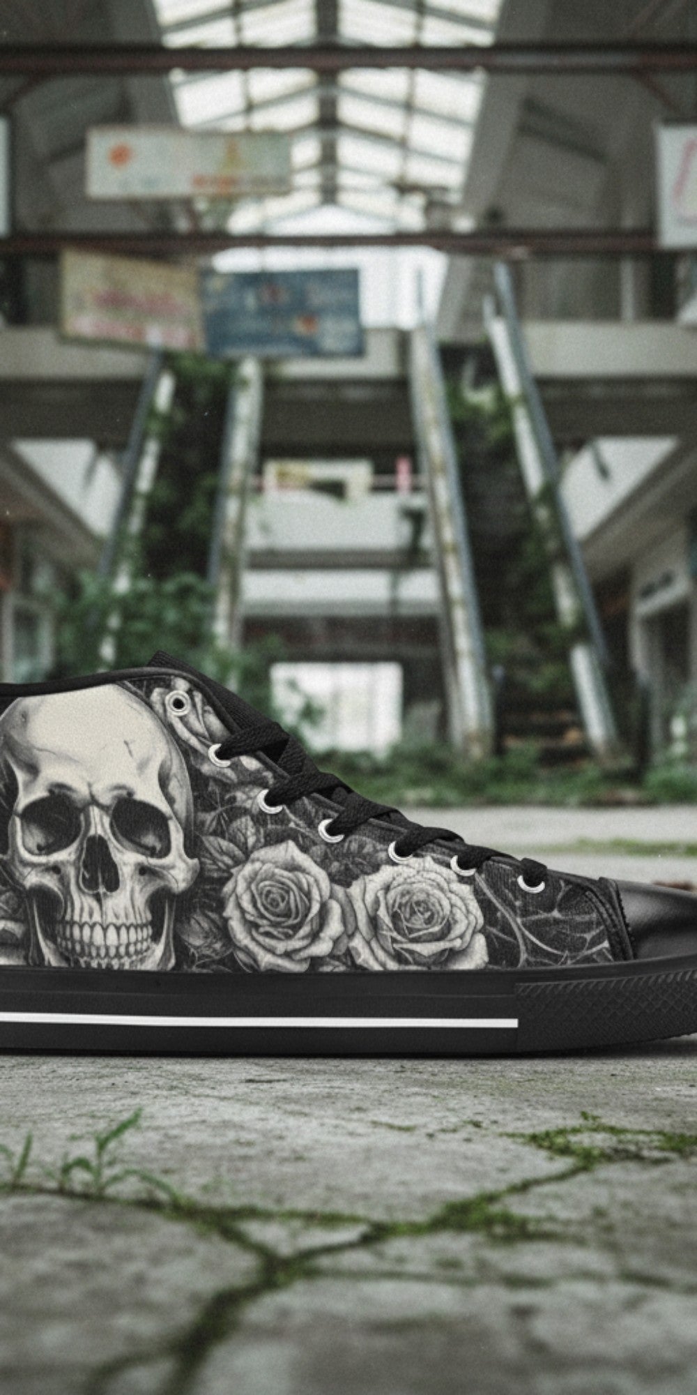 Custom Men's Grey Skull & Wings Dark Gothic high-top canvas shoes with bold all-over art — Freaky Shoes