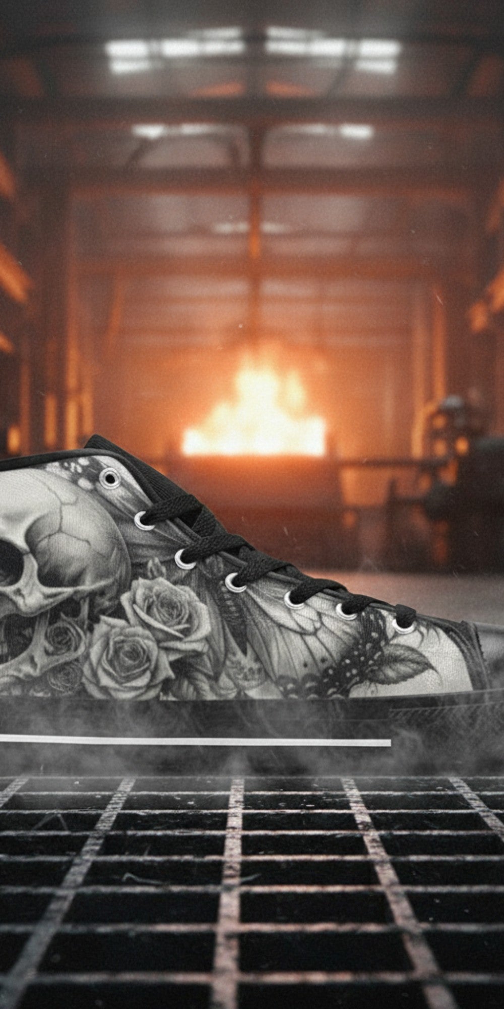 Men's Gothic Moon Skull Dark Art high-top canvas shoes, custom full-wrap printed design — Freaky Shoes