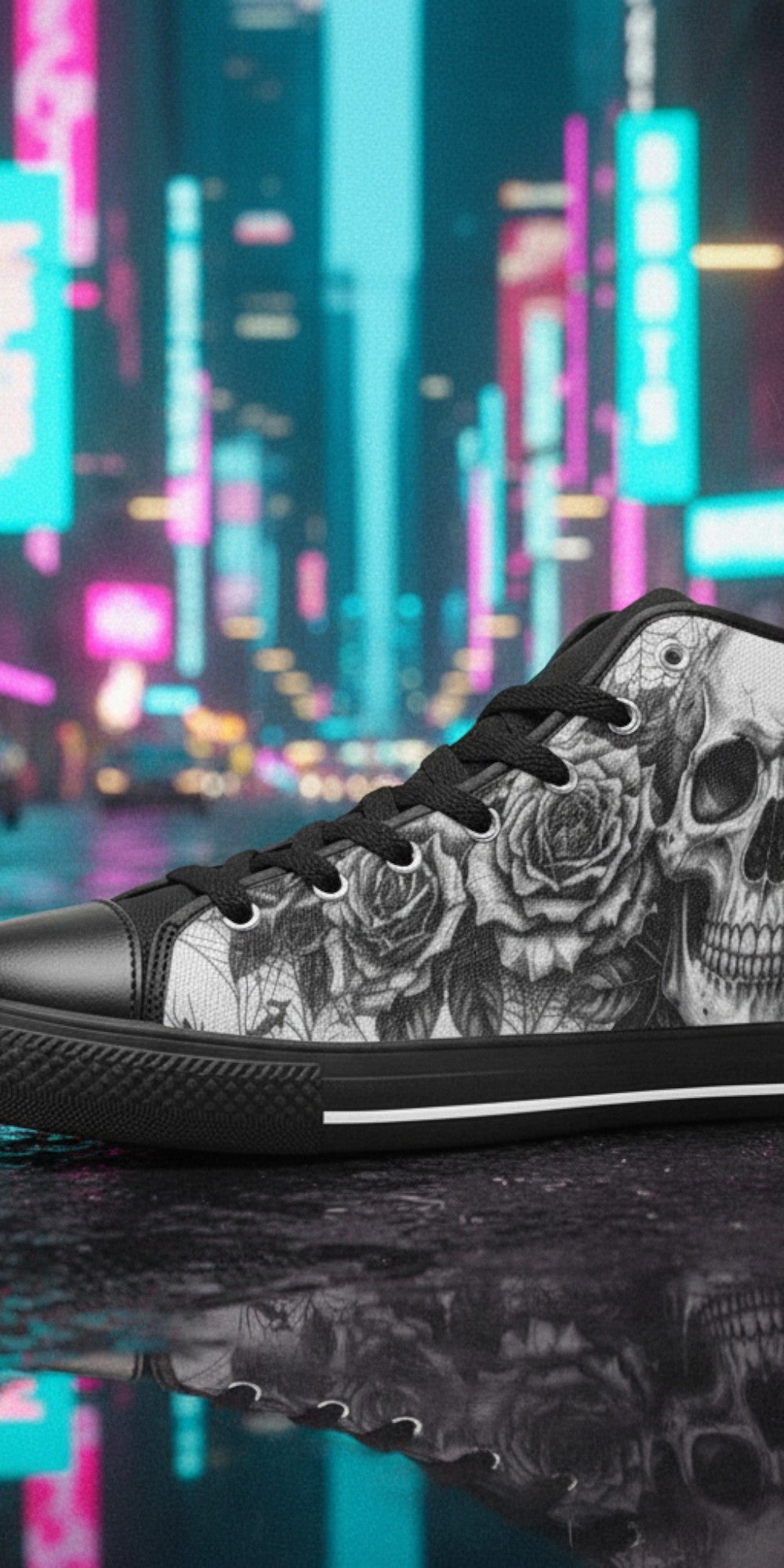 Women's Dark Art Gothic Skull hand-made high-top canvas shoes — unique wearable art by Freaky Shoes