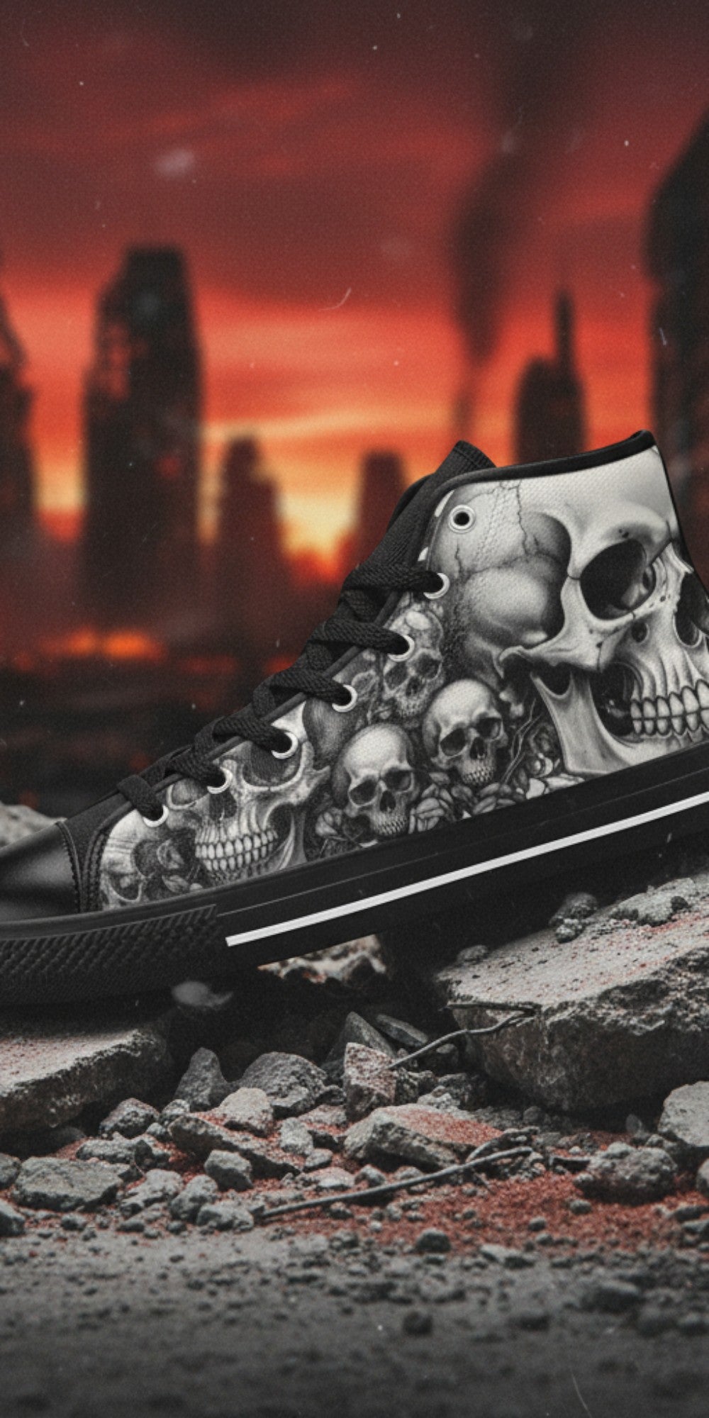 Men's Dark Gothic Moon Skull high-top canvas shoes, custom full-wrap printed design — Freaky Shoes