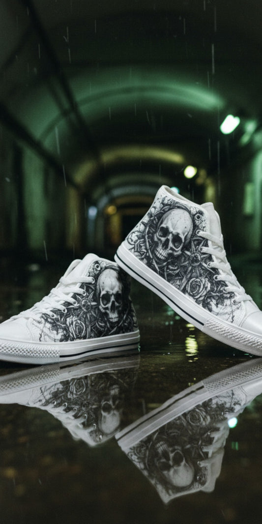 Freaky Shoes® women's gothic high top canvas sneakers featuring a grey skull and rose dark art print in a rainy tunnel