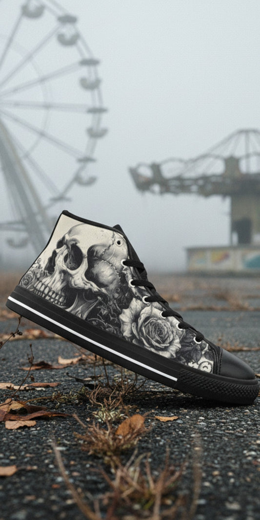 Freaky Shoes® women's gothic high top canvas sneakers featuring a greyscale skull and rose print in a foggy setting.