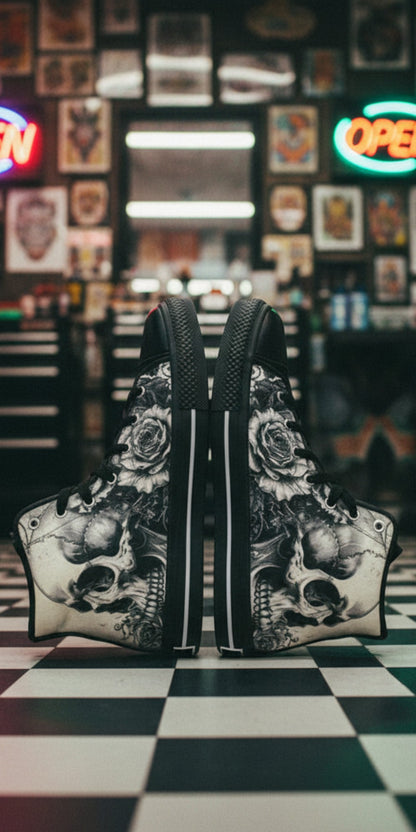 Men's Monochrome Gothic Skull Dark Art high-top canvas shoes, custom full-wrap printed design — Freaky Shoes